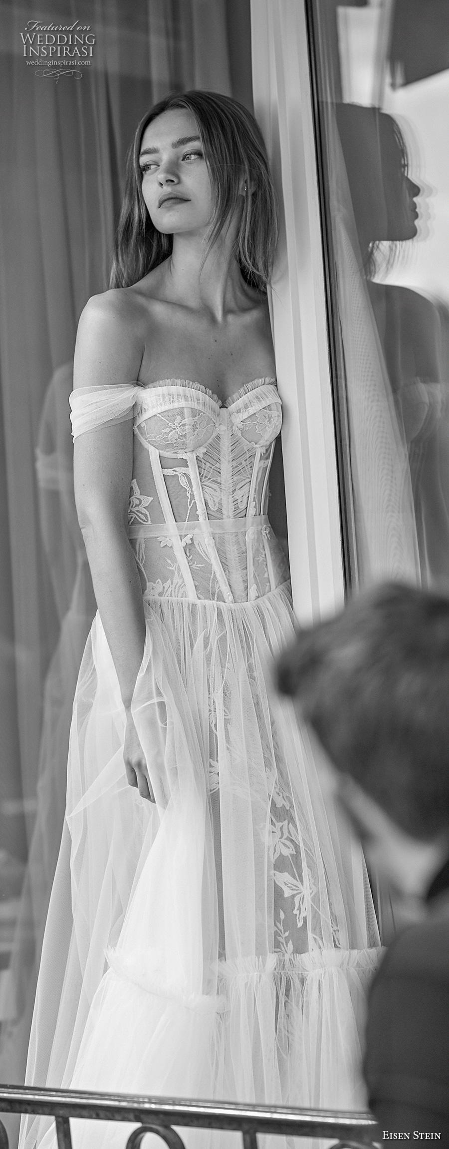eisen stein fall 2020 bridal off the shoulder sweetheart neckline heavily embellished bodice bustier romantic soft a  line wedding dress mid back medium train (1) lv