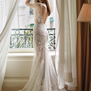 eisen stein fall 2020 bridal sleeveless sheer strap deep plunging v neck full embellishment sexy romantic fit and flare wedding dress backless v back medium train (3) bv