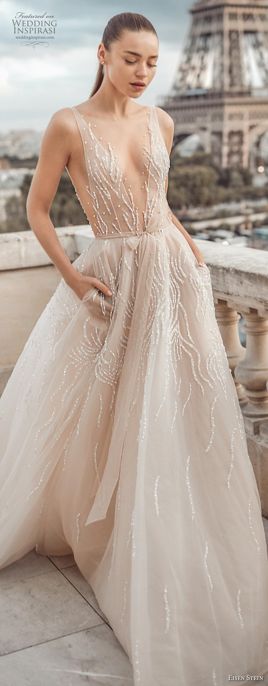 eisen stein fall 2020 bridal sleeveless with strap deep plunging v neck light embellishment romantic sexy nude color a  line wedding dress with pockets backless v back chapel train (6) zv