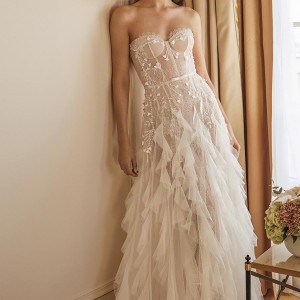 eisen stein fall 2020 bridal strapless sweetheart neckline heavily embellished bodice ruffled skirt romantic a  line wedding dress mid back medium train (8) mv