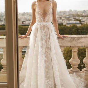 eisen stein fall 2020 bridal thin strap deep diamond neck full embellishment romantic soft a  line wedding dress backless chapel train (4) mv