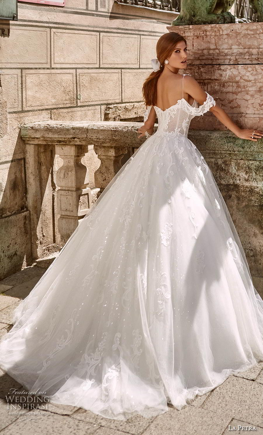 la petra 2020 bridal cold shoulder spaghetti strap sweetheart neckline heavily embellished bodice fairy tale princess ball gown a  line wedding dress mid back chapel train (16) bv