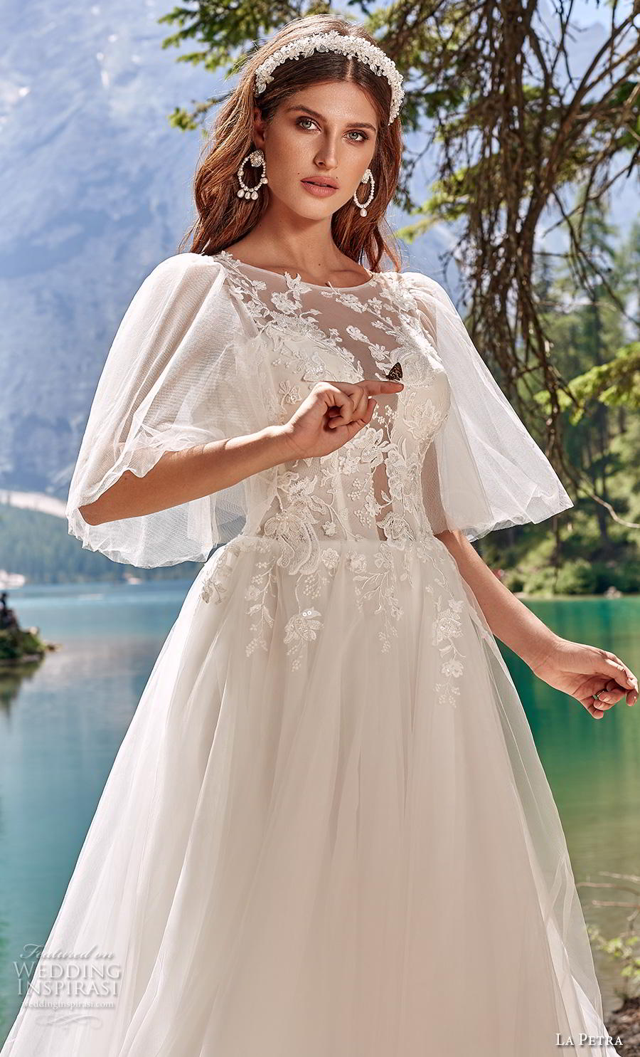 la petra 2020 bridal half flare sleeves illusion jewel plunging sweetheart neckline heavily embellished bodice romantic a  line wedding dress v back chapel train (7) zv