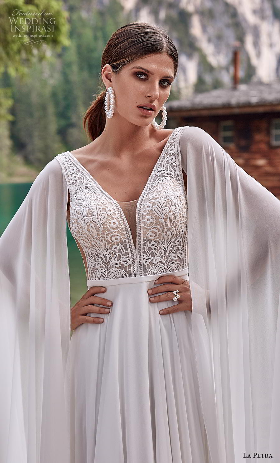 la petra 2020 bridal long hanging sleeves thick strap deep v neck heavily embellished bodice elegant grecian modified a  line wedding dress backless v back short train (1) zv