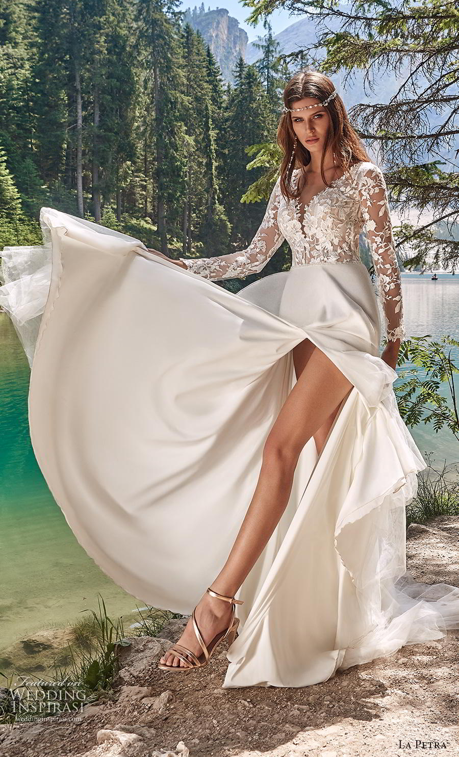 la petra 2020 bridal long sleeves v neck heavily embellished bodice slit skirt romantic romantic soft a  line wedding dress backless v back sweep train (5) mv