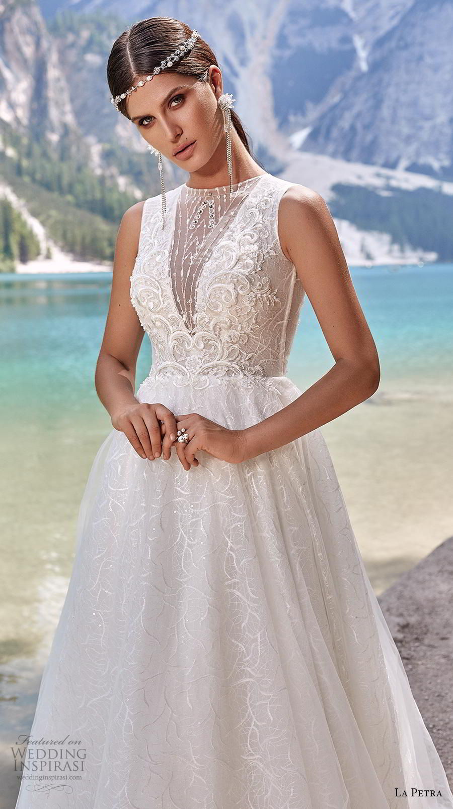 la petra 2020 bridal sleeveless illusion jewel deep v neck heavily embellished bodice elegant glamorous a  line wedding dress covered button back chapel train (2) zv