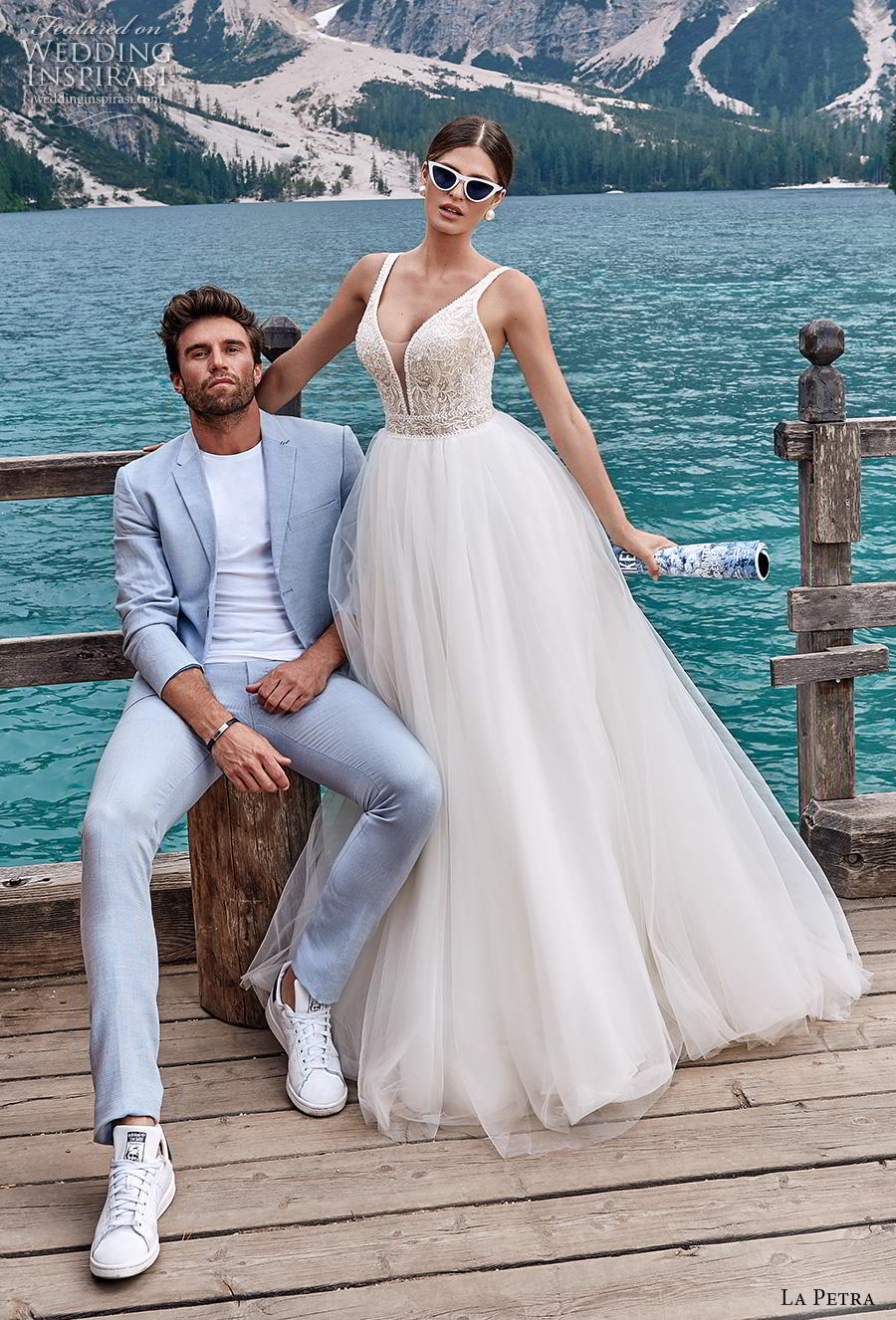 la petra 2020 bridal sleeveless with strap deep plunging v neck heavily tulle skirt embellished bodice soft a  line wedding dress mid back sweep train (8) mv