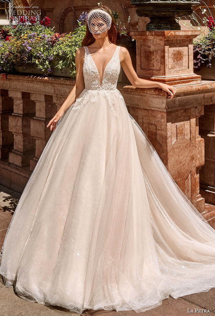 la petra 2020 bridal sleeveless with strap deep v neck heavily embellished bodice romantic ivory a  line wedding dress v back chapel train (12) mv