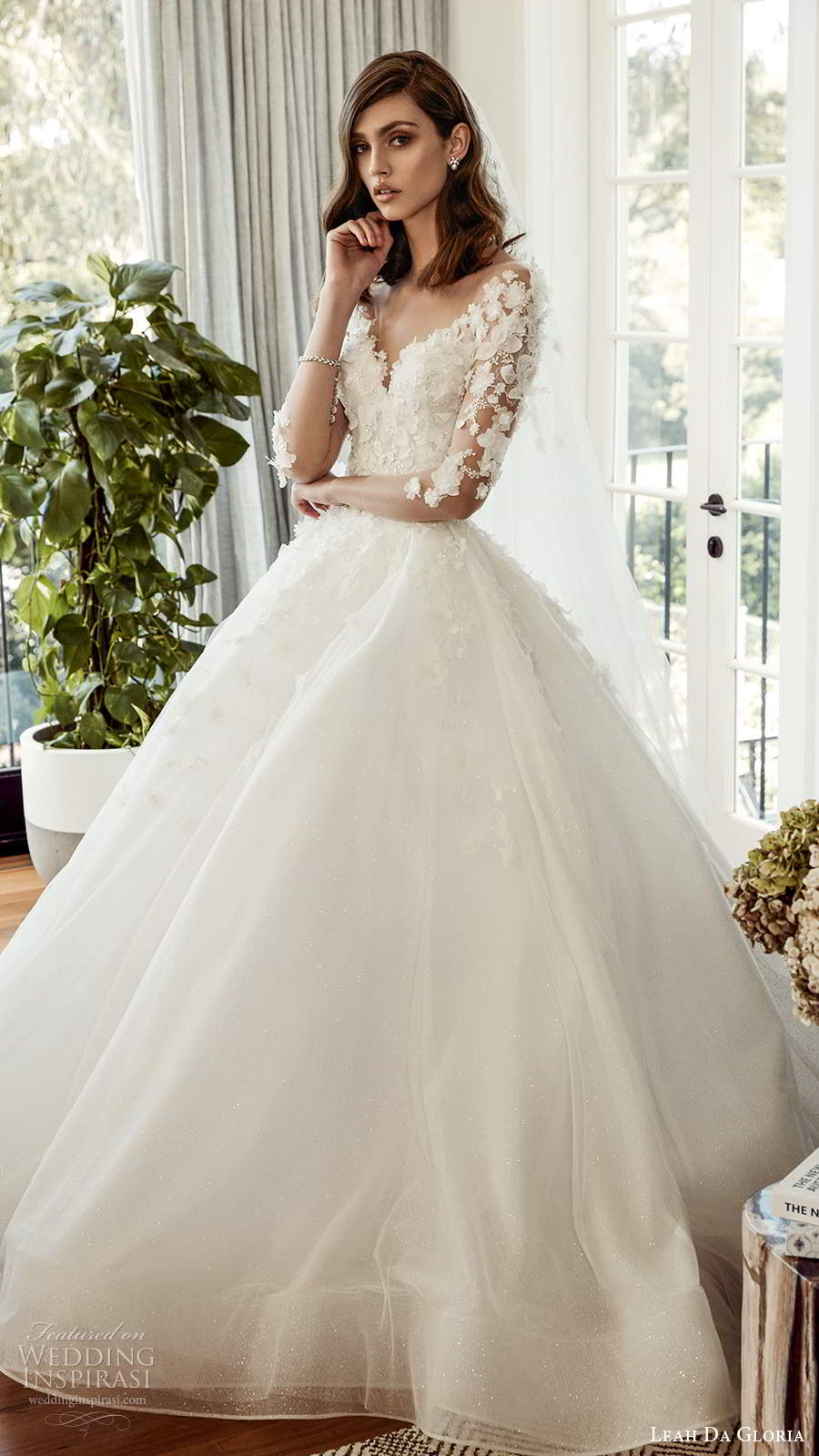 leah da gloria 2020 bridal couture illusion 3 quarter sleeves sweetheart neckline fully embellished ball gown wedding dress chapel train (4) mv