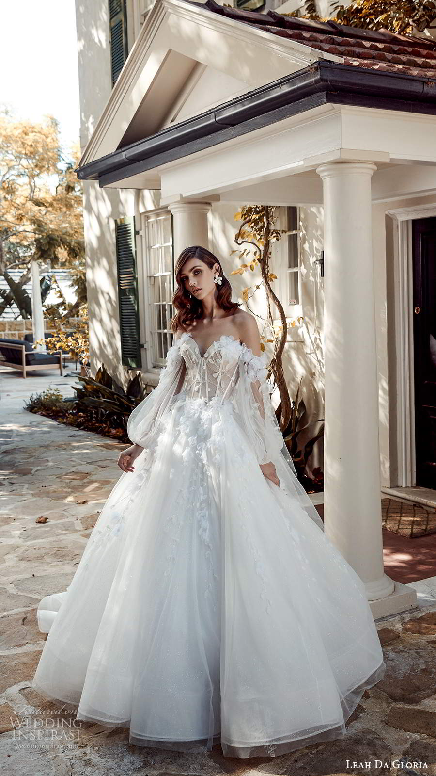 leah da gloria 2020 bridal couture illusion bishop sleeves off shoulder sweetheart neckline embellished bodice ball gown wedding dress chapel train (6) mv