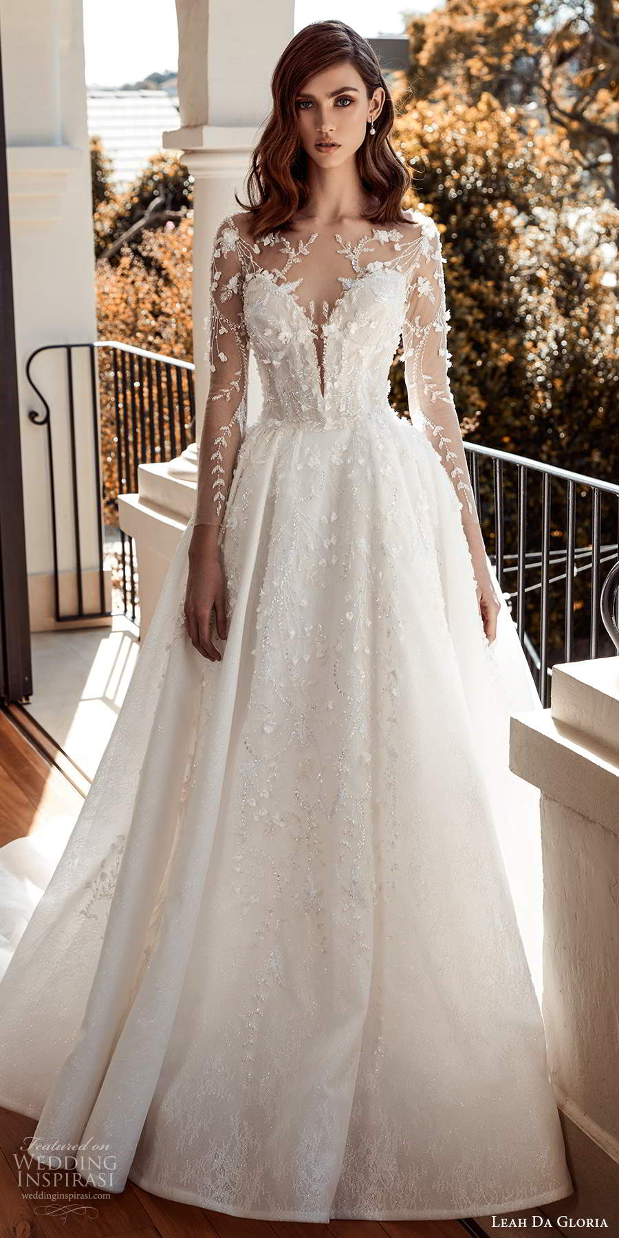 leah da gloria 2020 bridal couture illusion long sleeves sweetheart neckline fully embellished ball gown wedding dress chapel train 3 mv