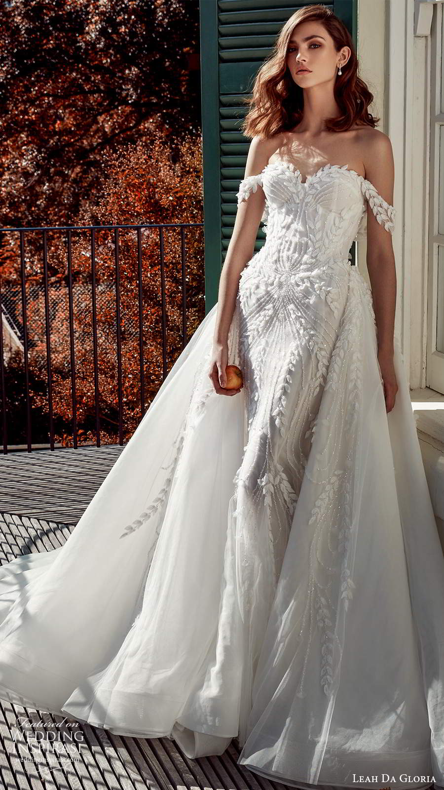 leah da gloria 2020 bridal couture off shoulder straps sweetheart neckline fully embellished sheath wedding dress ball gown overskirt chapel train (2) mv