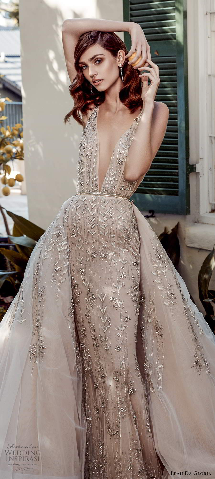 leah da gloria 2020 bridal couture sleeveless straps plunging v neckline fully embellished sheath wedding dress ball gown overskirt champagne (7) mv