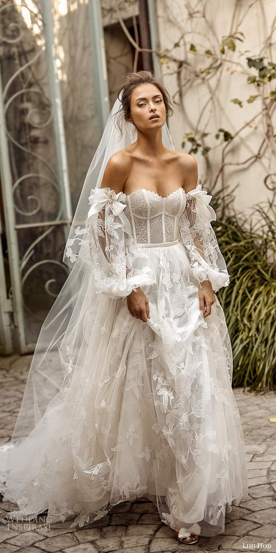 lihi hod fall 2020 bridal detached sheer long balloon sleeves sweetheart neckline fully embellishe lace ball gown a line wedding dress chapel train (6) mv