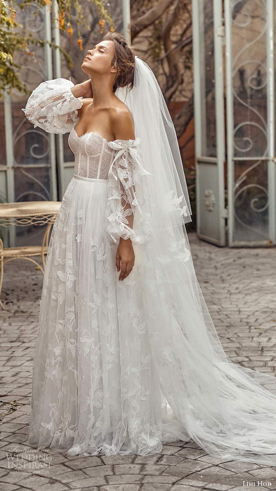 lihi hod fall 2020 bridal detached sheer long balloon sleeves sweetheart neckline fully embellishe lace ball gown a line wedding dress chapel train (6) sv