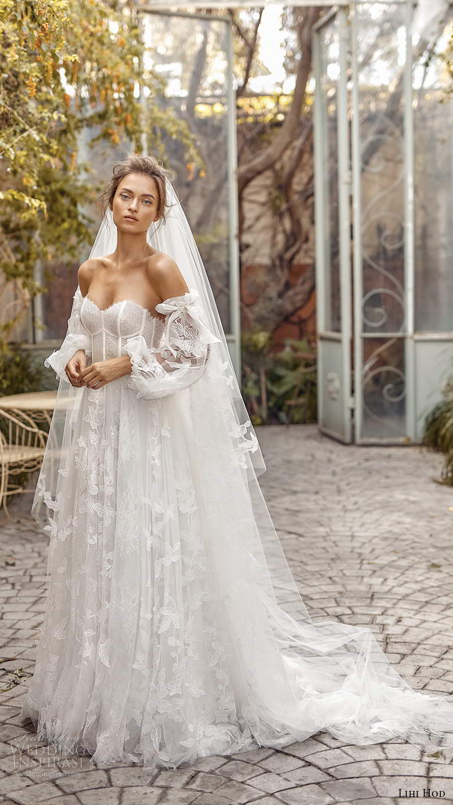 lihi hod fall 2020 bridal detached sheer long balloon sleeves sweetheart neckline fully embellishe lace ball gown a line wedding dress chapel train veil (6) mv 