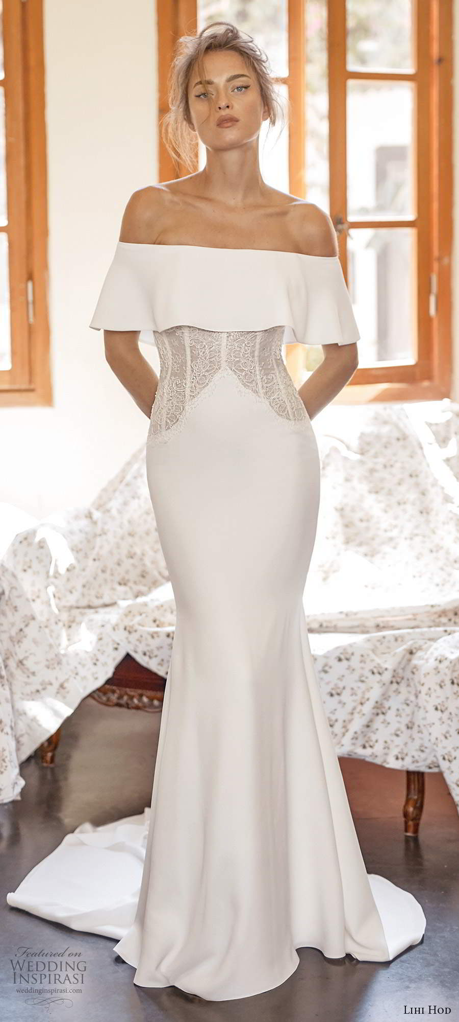 lihi hod fall 2020 bridal off shoulder straight across neckline lace bodice minimalist clean sheath wedding dress chapel train (7) mv