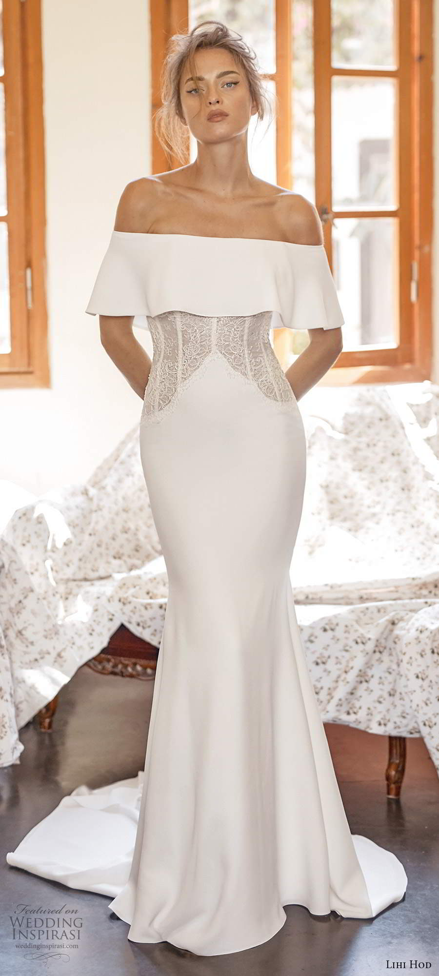lihi hod fall 2020 bridal off shoulder straight across neckline lace bodice minimalist clean sheath wedding dress chapel train (7) mv lihi hod fall 2020 bridal off shoulder straight across neckline lace bodice minimalist clean sheath wedding dress chapel train (7) mv