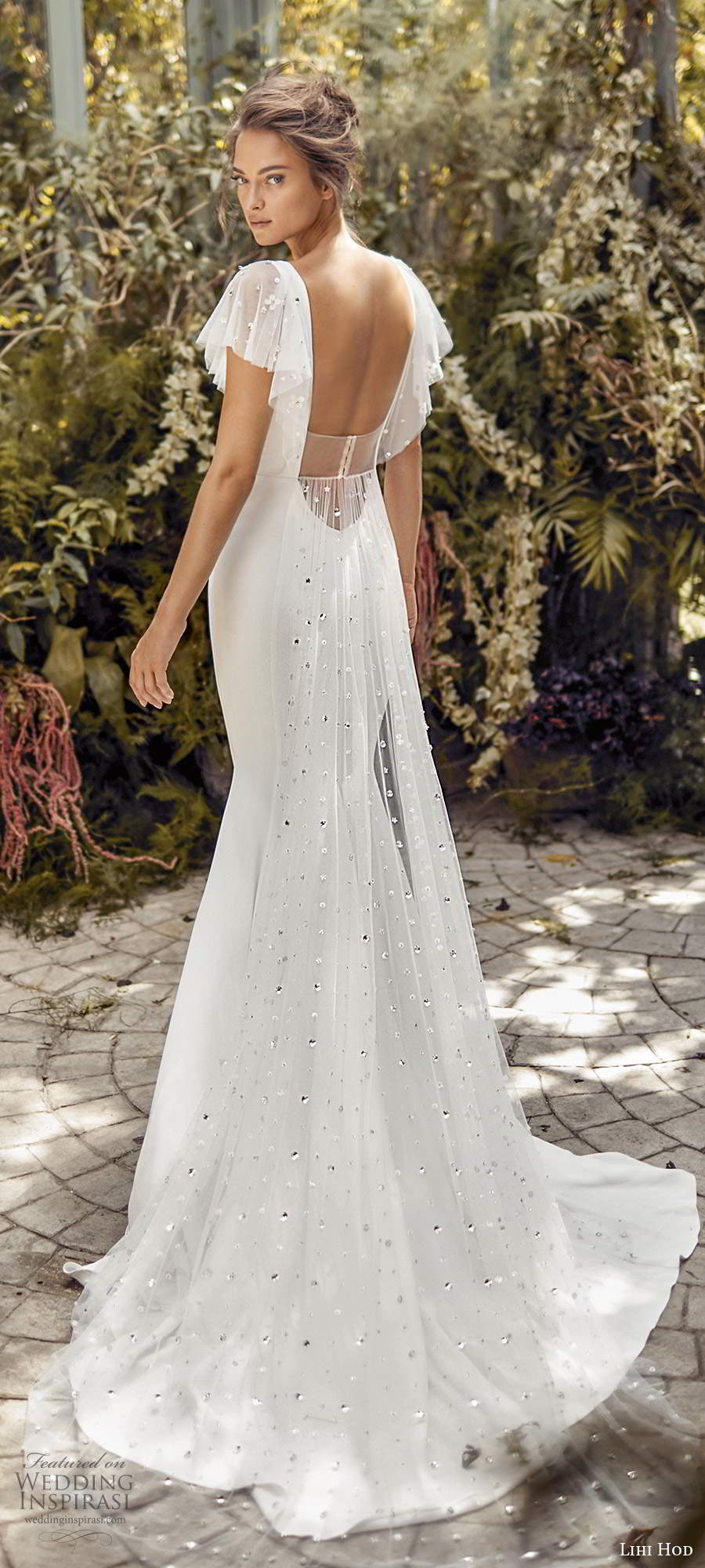 lihi hod fall 2020 bridal sheer flutter sleeves v neckline sheath boho wedding dress low back chapel (8) bv