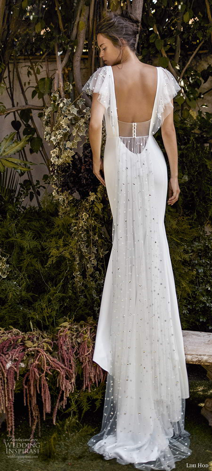 lihi hod fall 2020 bridal sheer flutter sleeves v neckline sheath boho wedding dress low back chapel (8) lbv