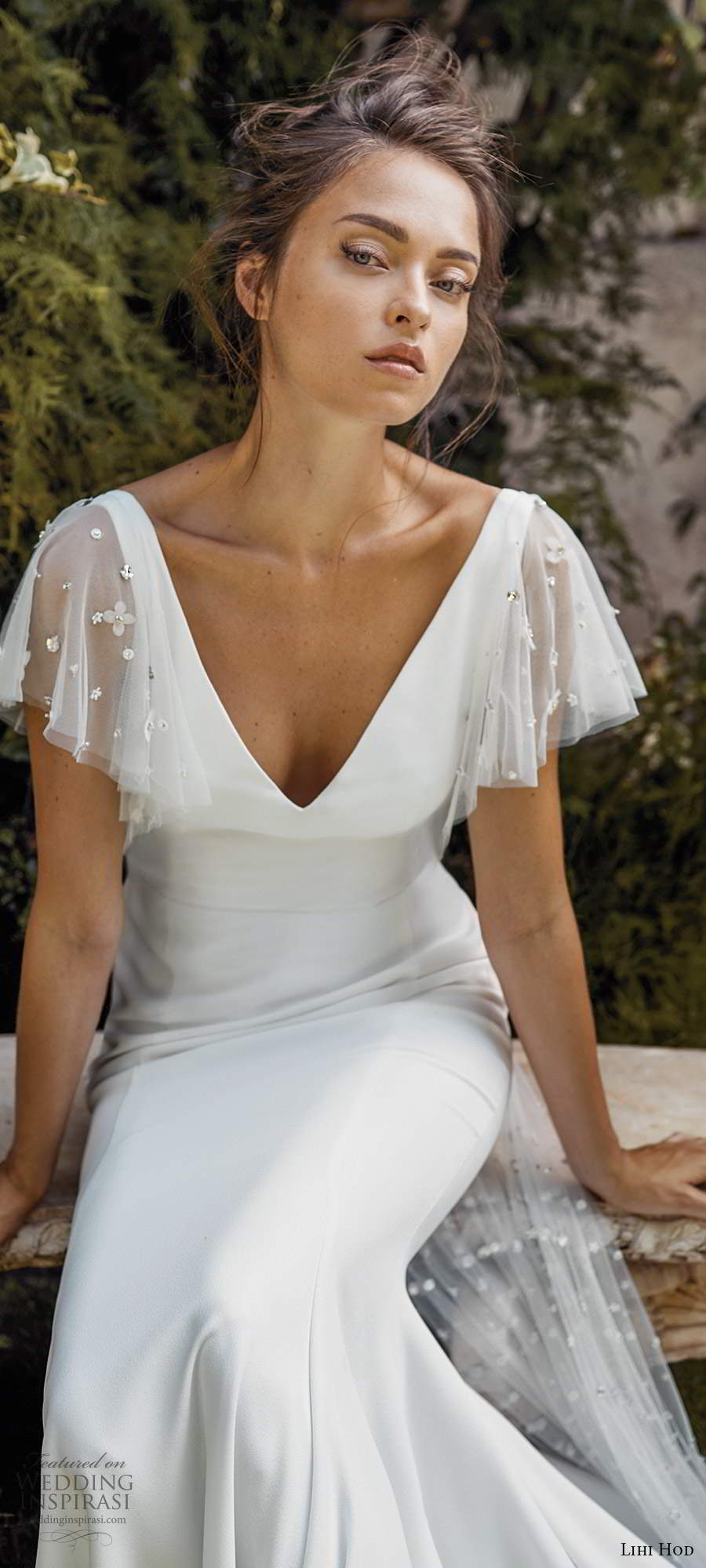 lihi hod fall 2020 bridal sheer flutter sleeves v neckline sheath boho wedding dress low back chapel (8) mv