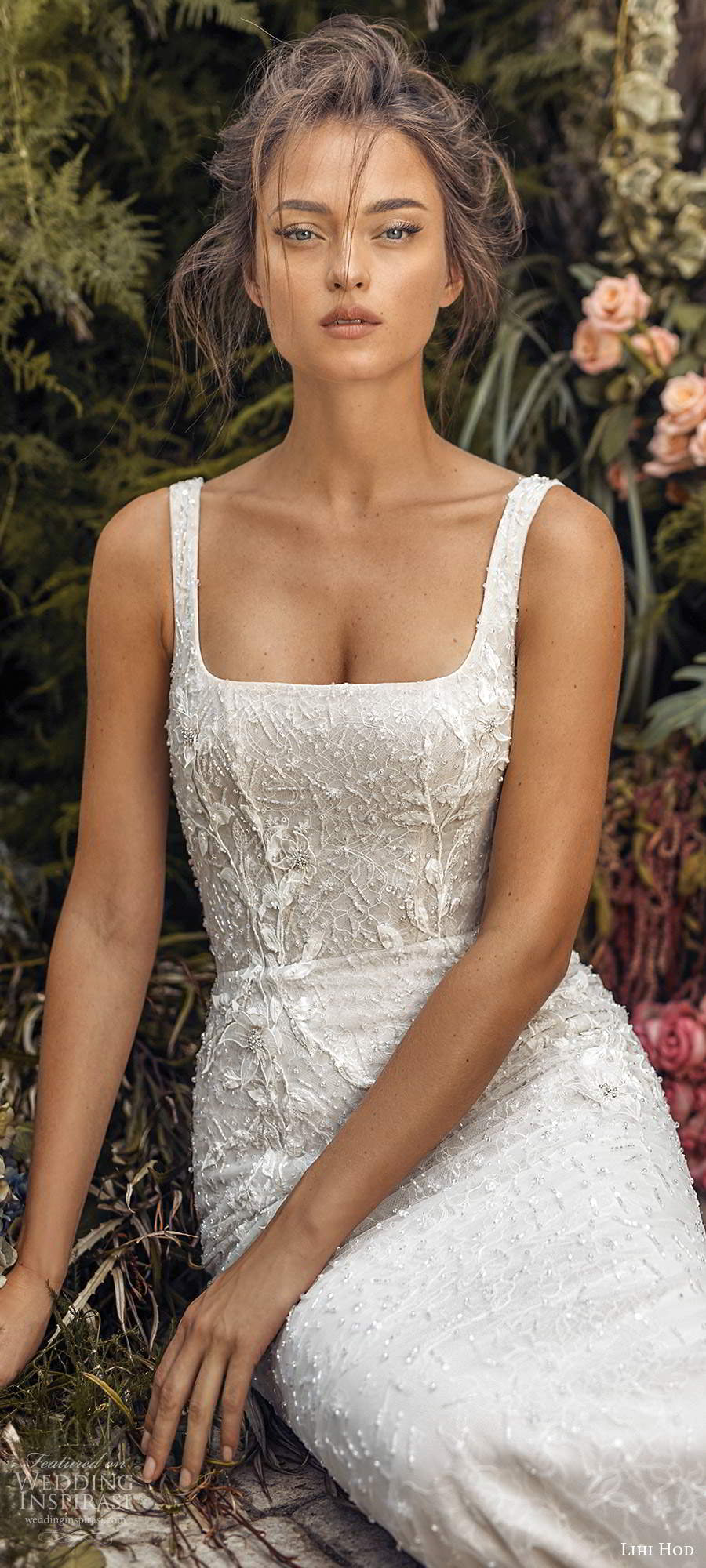 lihi hod fall 2020 bridal sleeveles thick straps square neckline fully embellished sheath wedding dress low back (9) zv