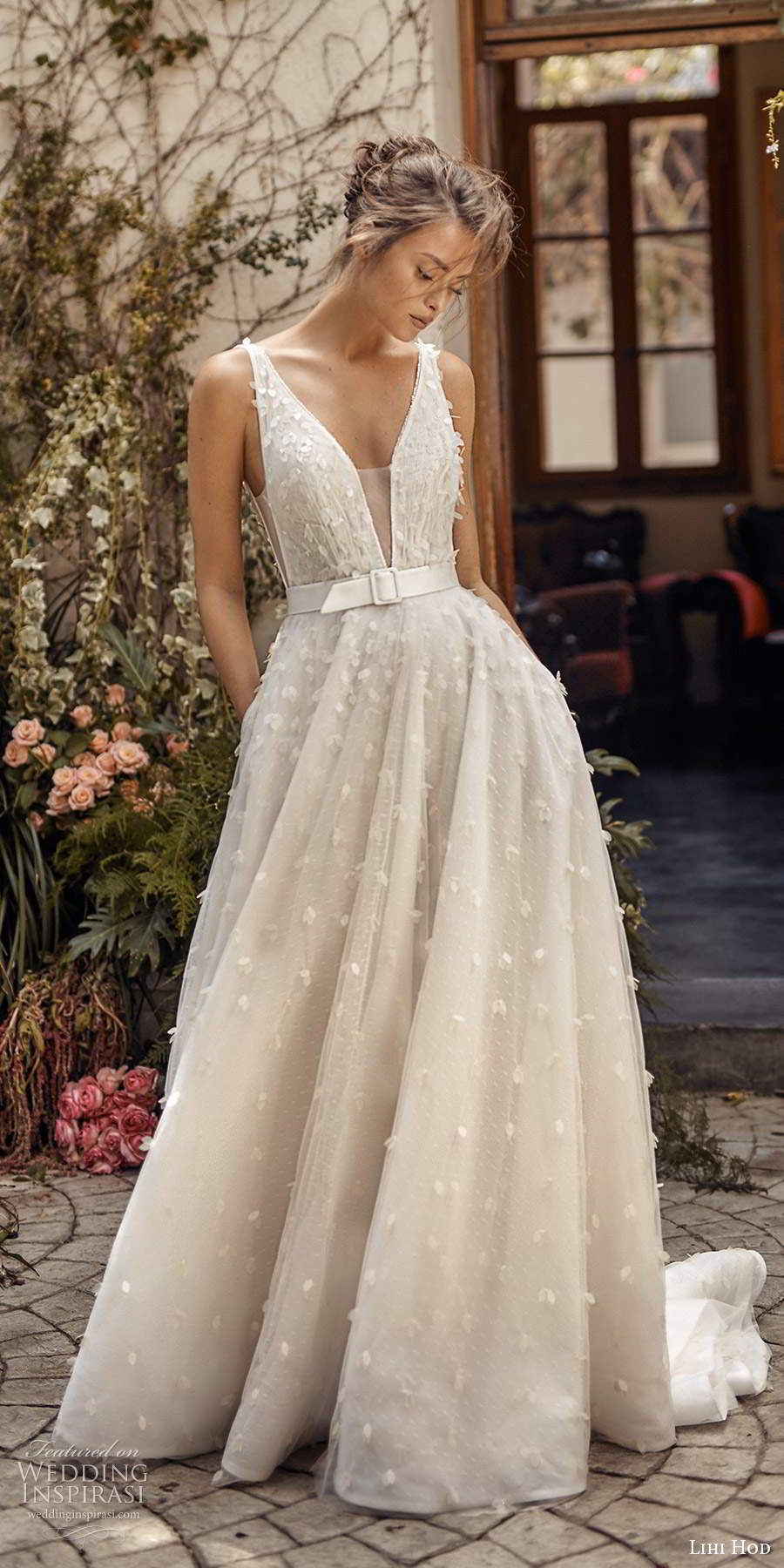 lihi hod fall 2020 bridal sleeveless straps deep v neckline fully embellished a line ball gown wedding dress pockets low back chapel train (2) mv