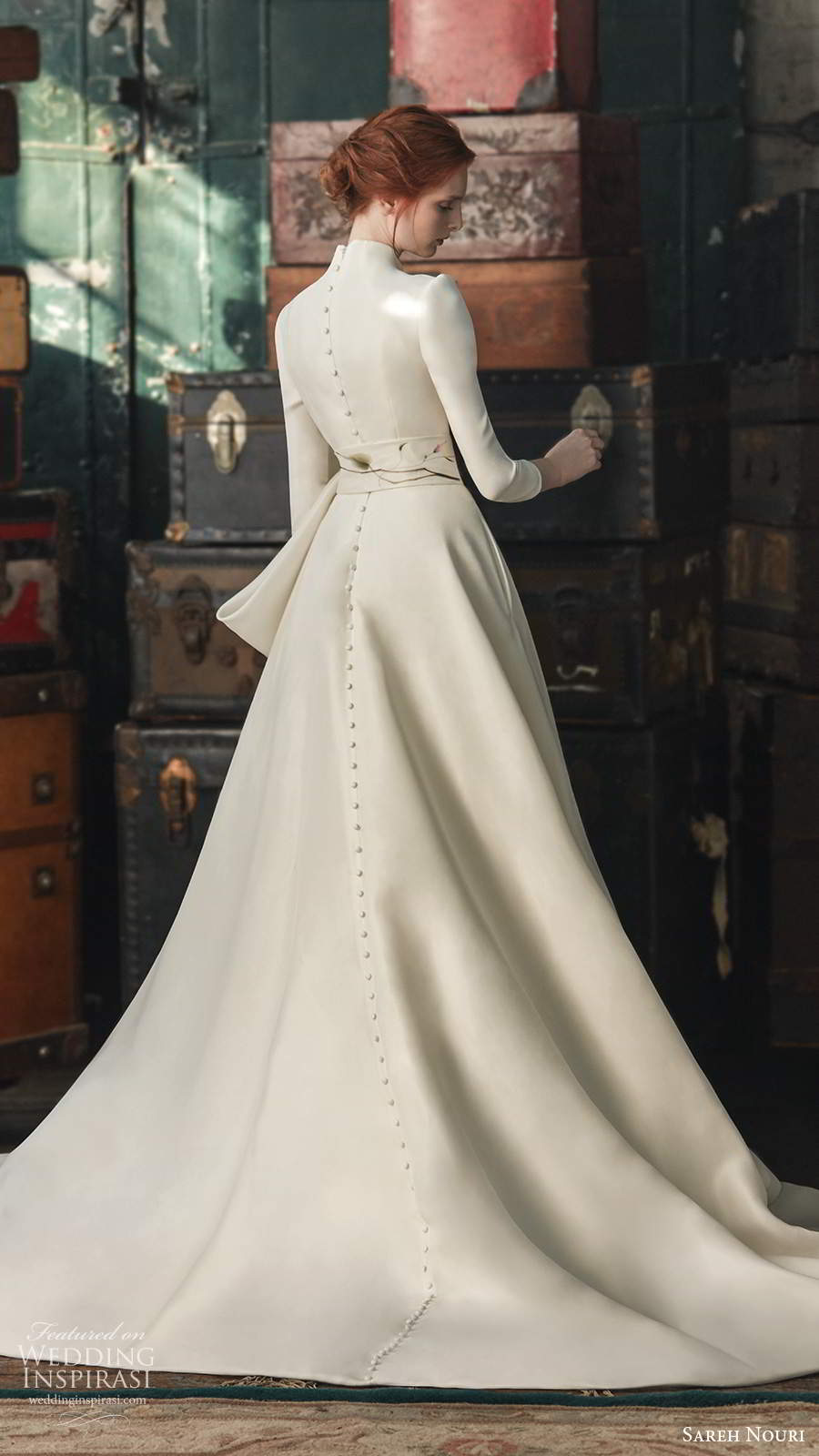 sareh nouri fall 2020 bridal 3 quarter sleeve high neckline keyhole bodice minimally embellished clean a line ball gown wedding dress chapel train (3) bv