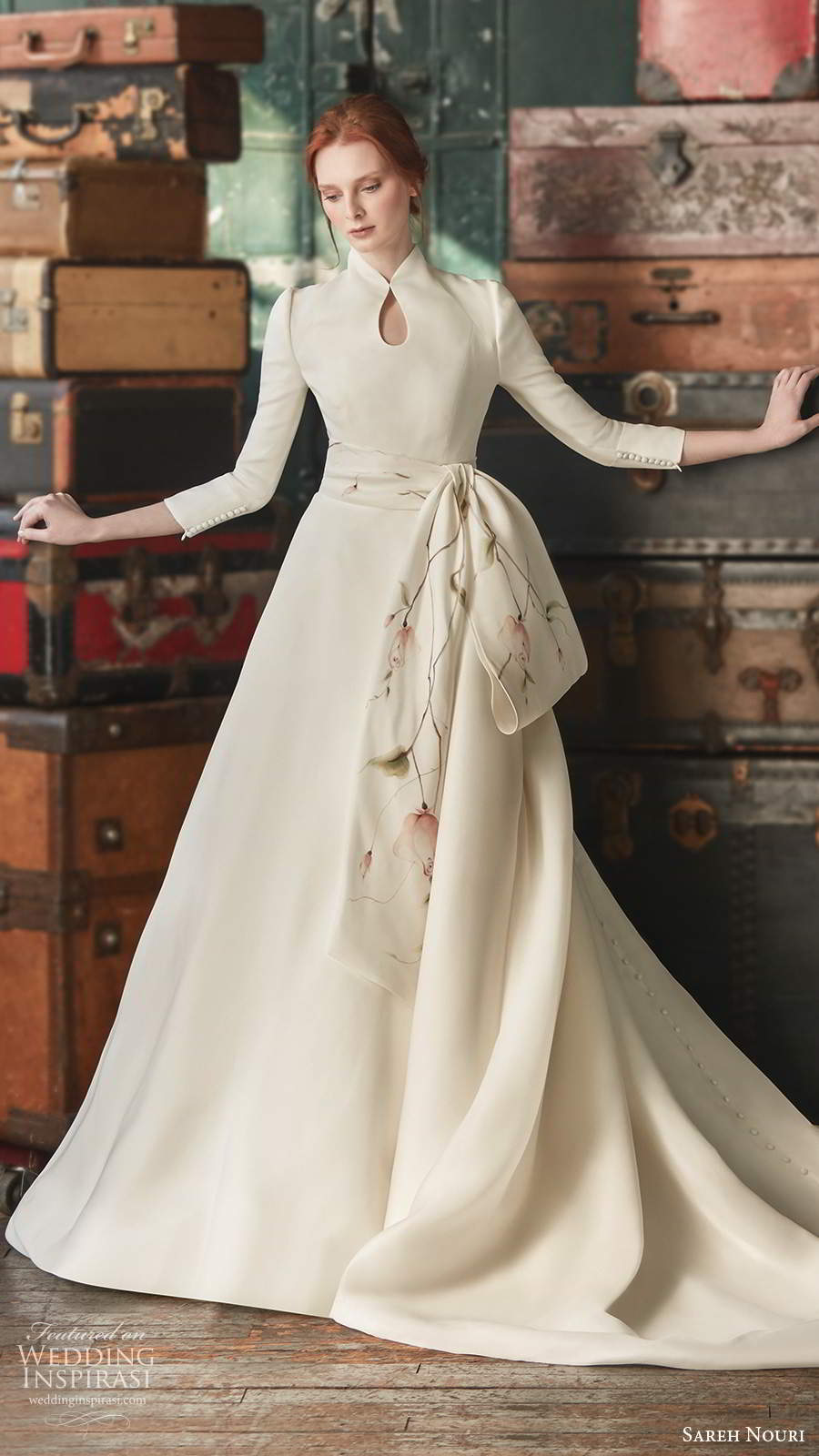 sareh nouri fall 2020 bridal 3 quarter sleeve high neckline keyhole bodice minimally embellished clean a line ball gown wedding dress chapel train (3) fv