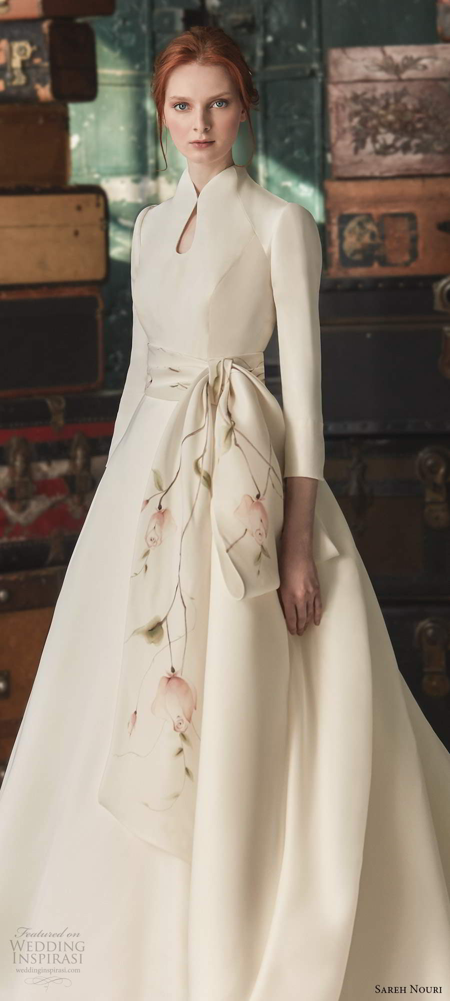 sareh nouri fall 2020 bridal 3 quarter sleeve high neckline keyhole bodice minimally embellished clean a line ball gown wedding dress chapel train (3) lv sareh nouri fall 2020 bridal 3 quarter sleeve high neckline keyhole bodice minimally embellished clean a line ball gown wedding dress chapel train (3) lv