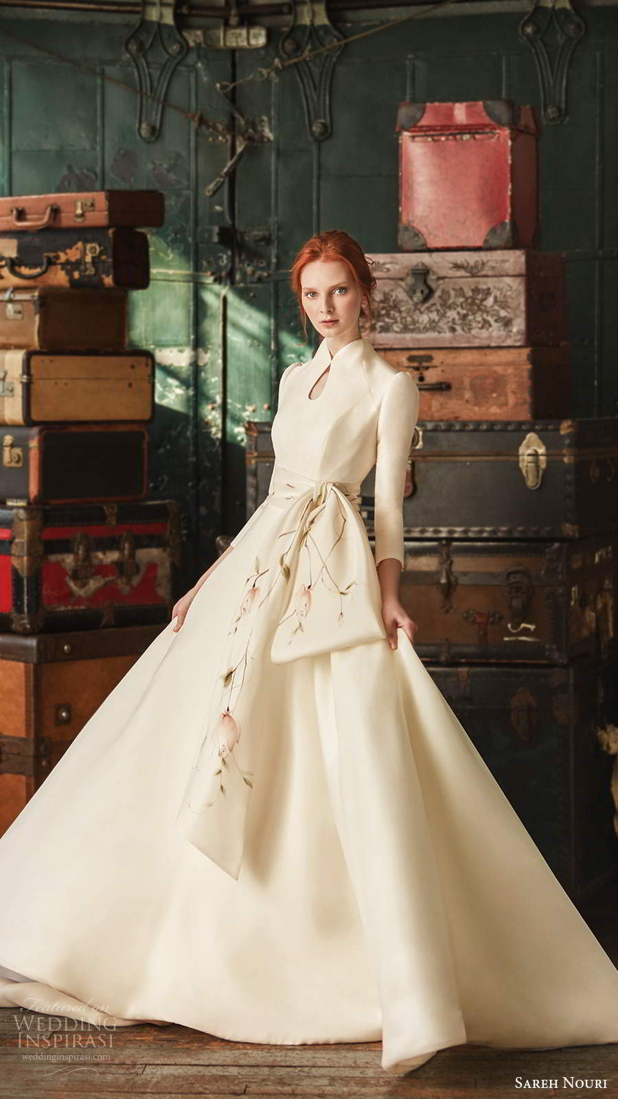 sareh nouri fall 2020 bridal 3 quarter sleeve high neckline keyhole bodice minimally embellished clean a line ball gown wedding dress chapel train (3) mv sareh nouri fall 2020 bridal 3 quarter sleeve high neckline keyhole bodice minimally embellished clean a line ball gown wedding dress chapel train (3) mv