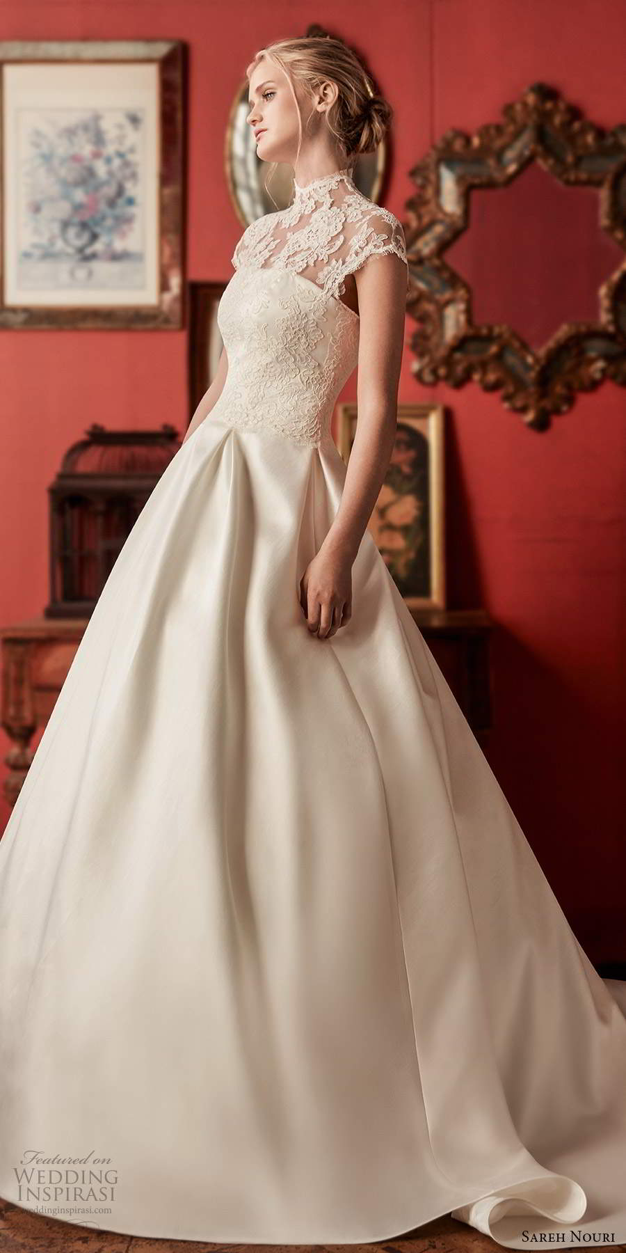 sareh nouri fall 2020 bridal illusion cap sleeves sheer high neckline lace bodice clean skirt ball gown wedding dress chapel train (12) mv