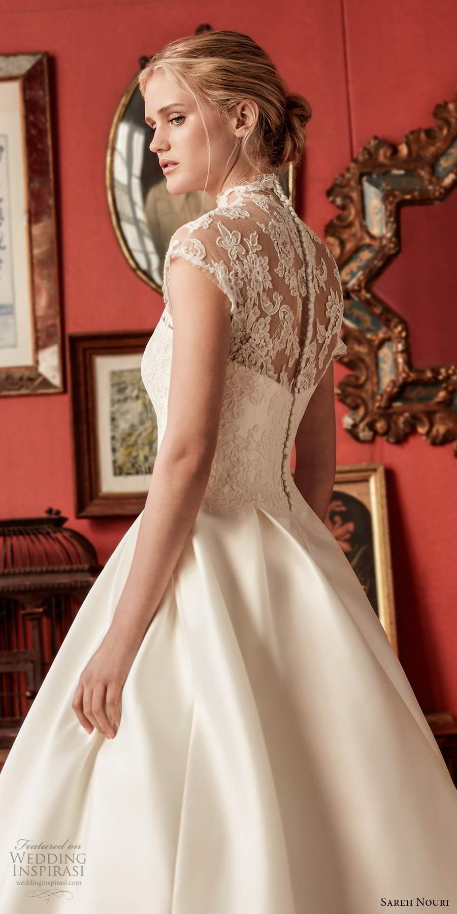 sareh nouri fall 2020 bridal illusion cap sleeves sheer high neckline lace bodice clean skirt ball gown wedding dress chapel train (12) zbv