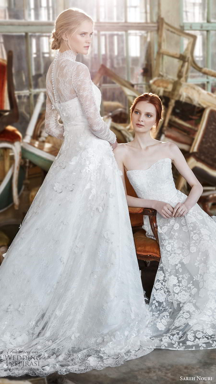 sareh nouri fall 2020 bridal illusion long sleeves sheer high neckline fully embellished lace ball gown wedding dress chapel train (5) bv