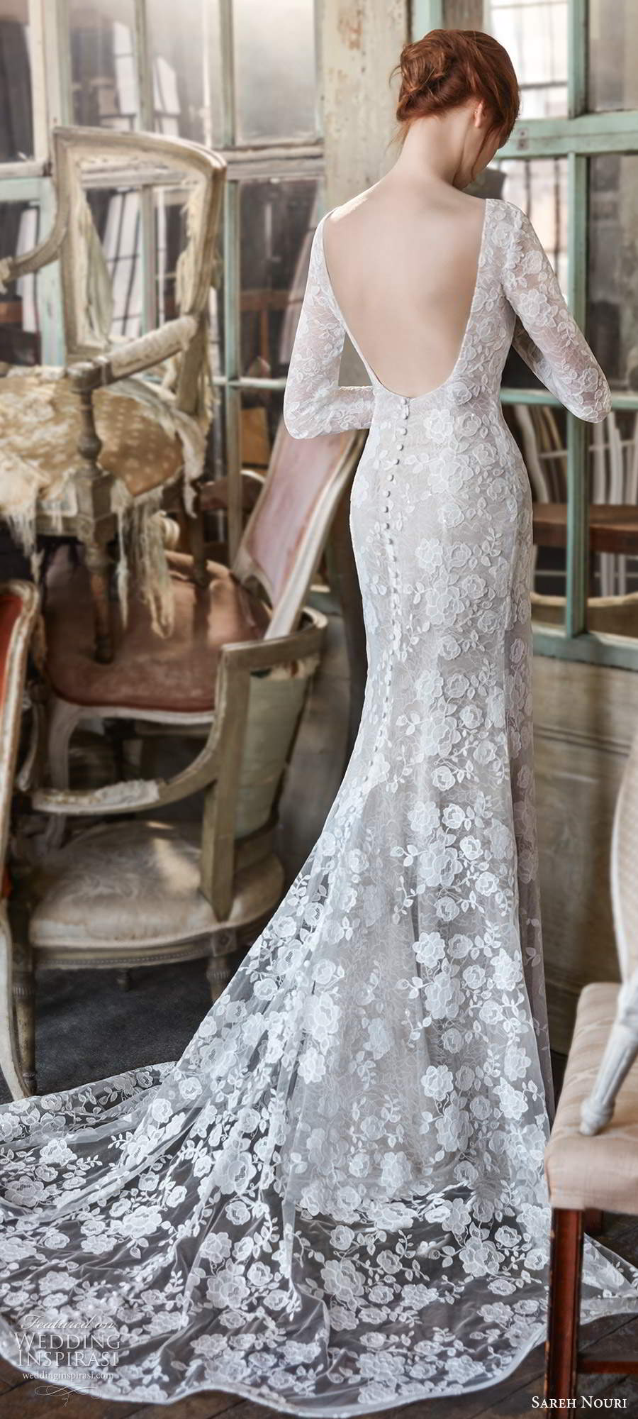 sareh nouri fall 2020 bridal long sleeves bateau neckline fully embellished lace sheath wedding dress scoop back chapel train (7) bv