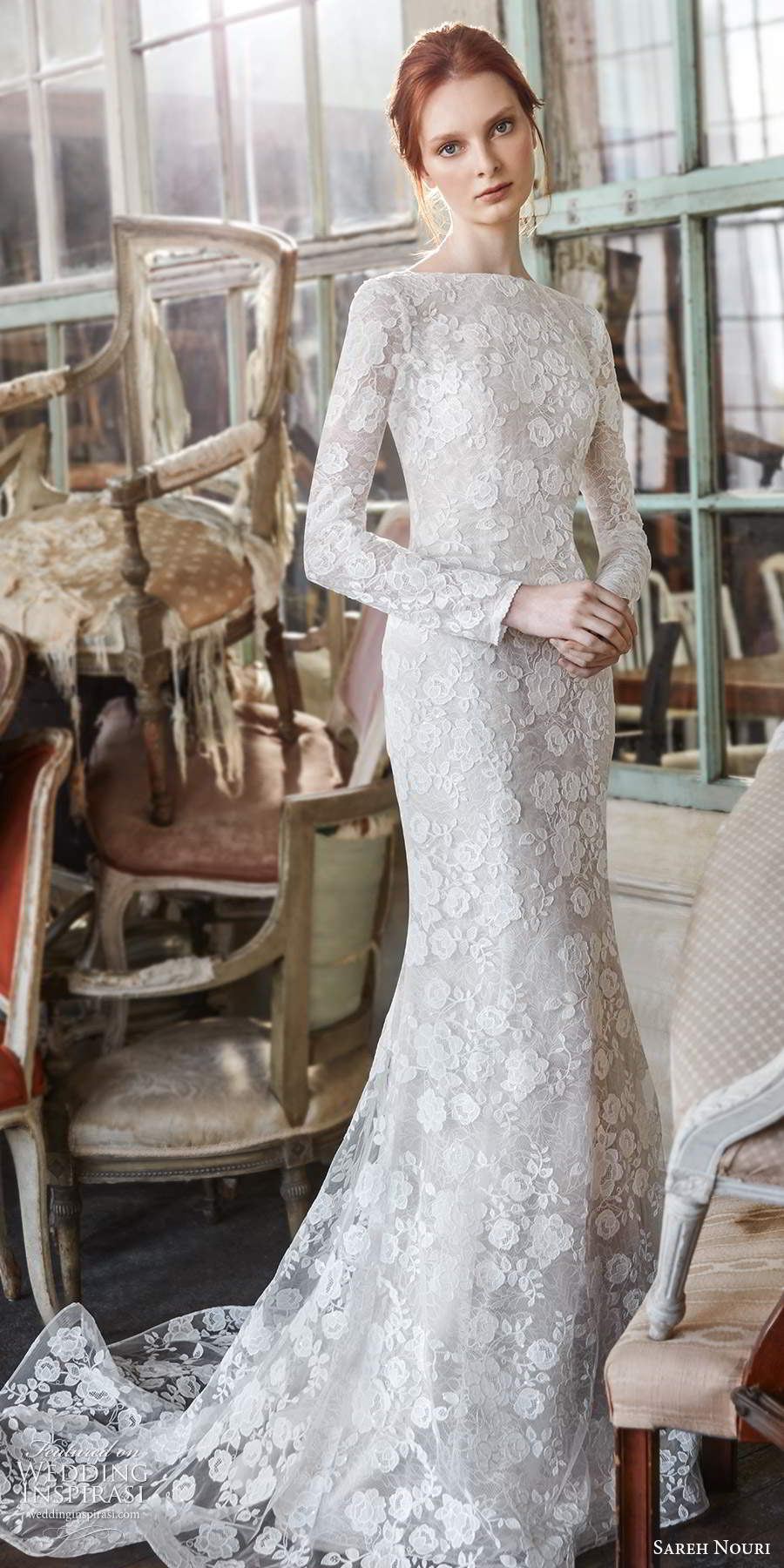 sareh nouri fall 2020 bridal long sleeves bateau neckline fully embellished lace sheath wedding dress scoop back chapel train (7) mv