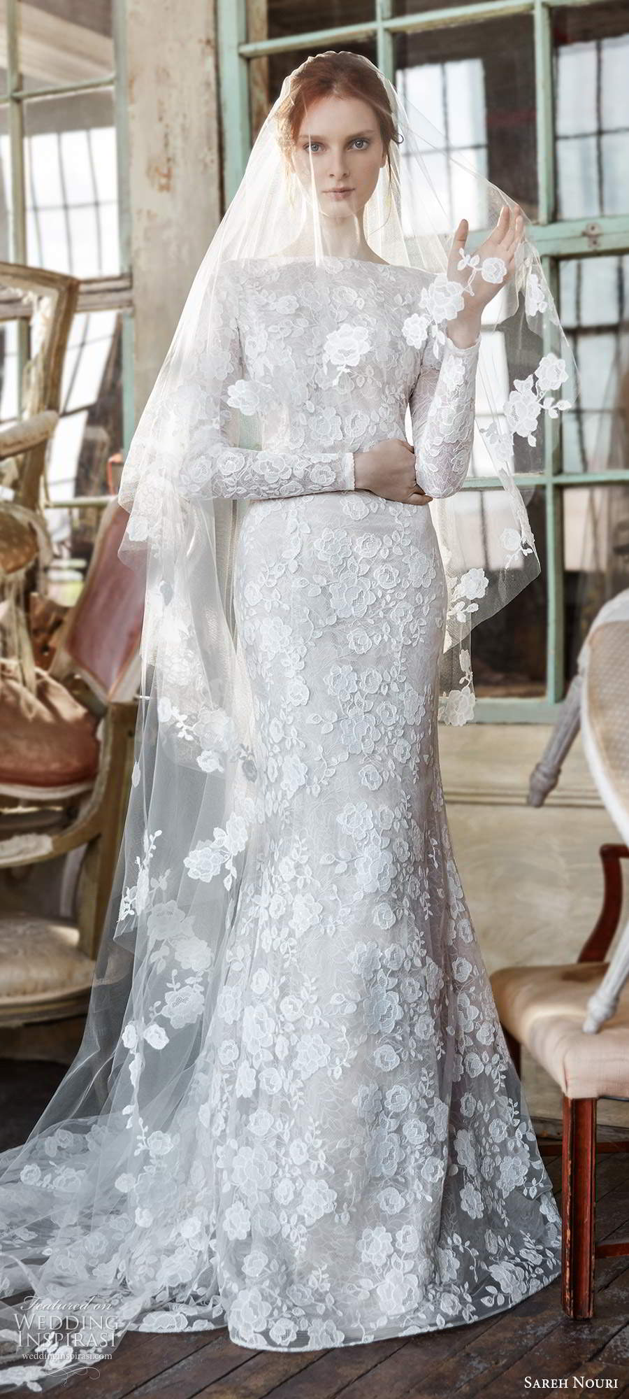 sareh nouri fall 2020 bridal long sleeves bateau neckline fully embellished lace sheath wedding dress scoop back chapel train veil (7) mv