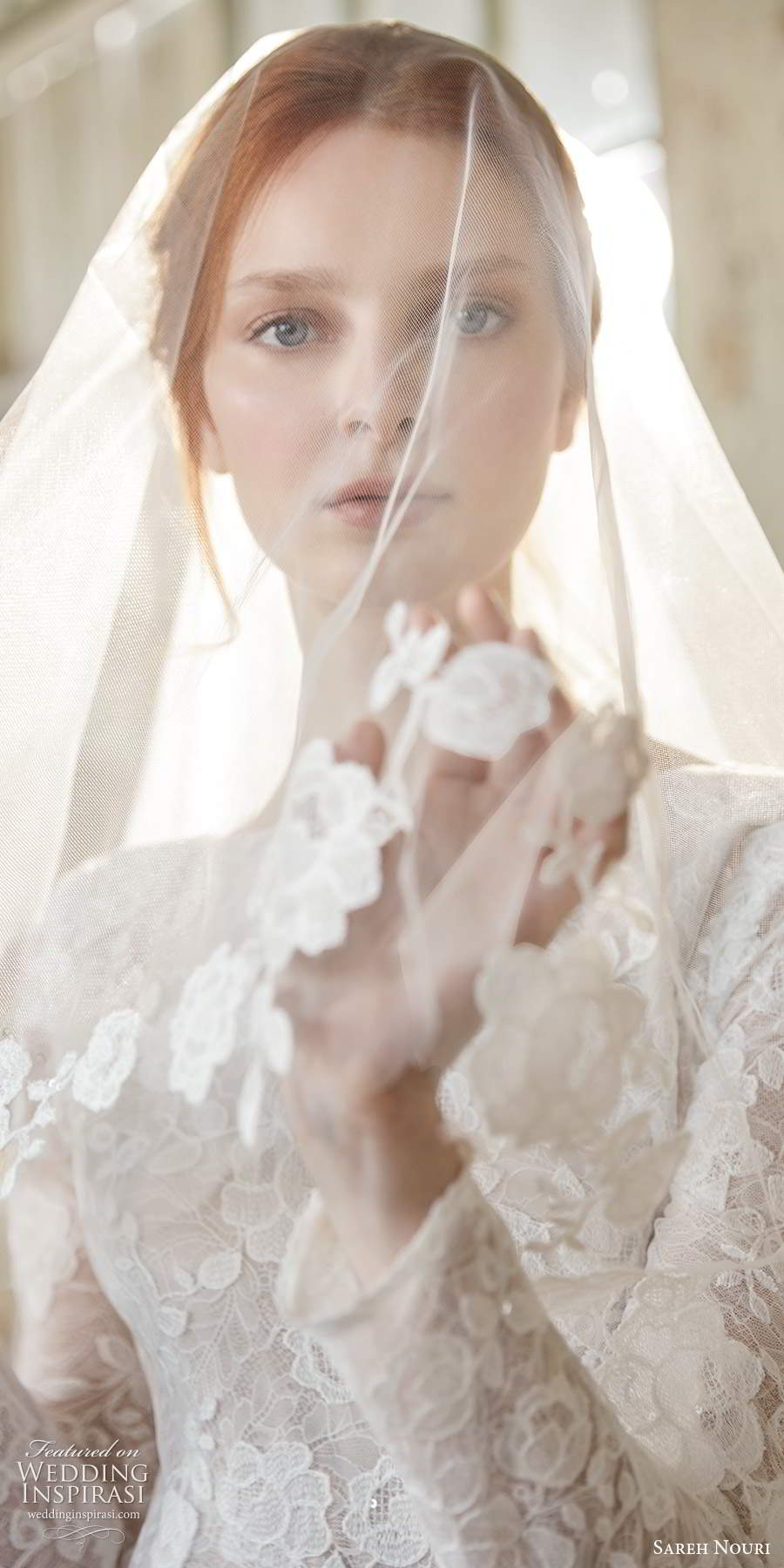 sareh nouri fall 2020 bridal long sleeves bateau neckline fully embellished lace sheath wedding dress scoop back chapel train veil (7) zv 