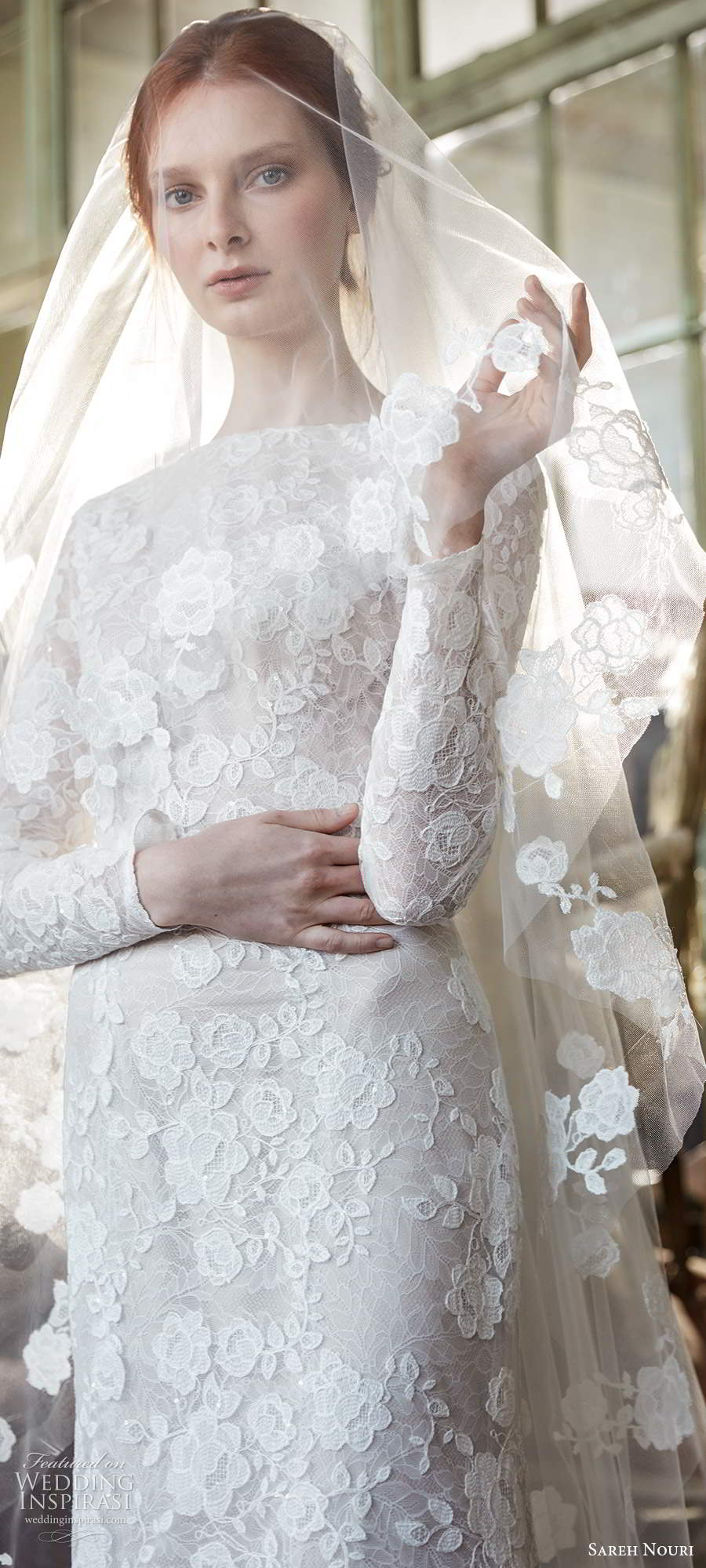 sareh nouri fall 2020 bridal long sleeves bateau neckline fully embellished lace sheath wedding dress scoop back chapel train veil (7) zv