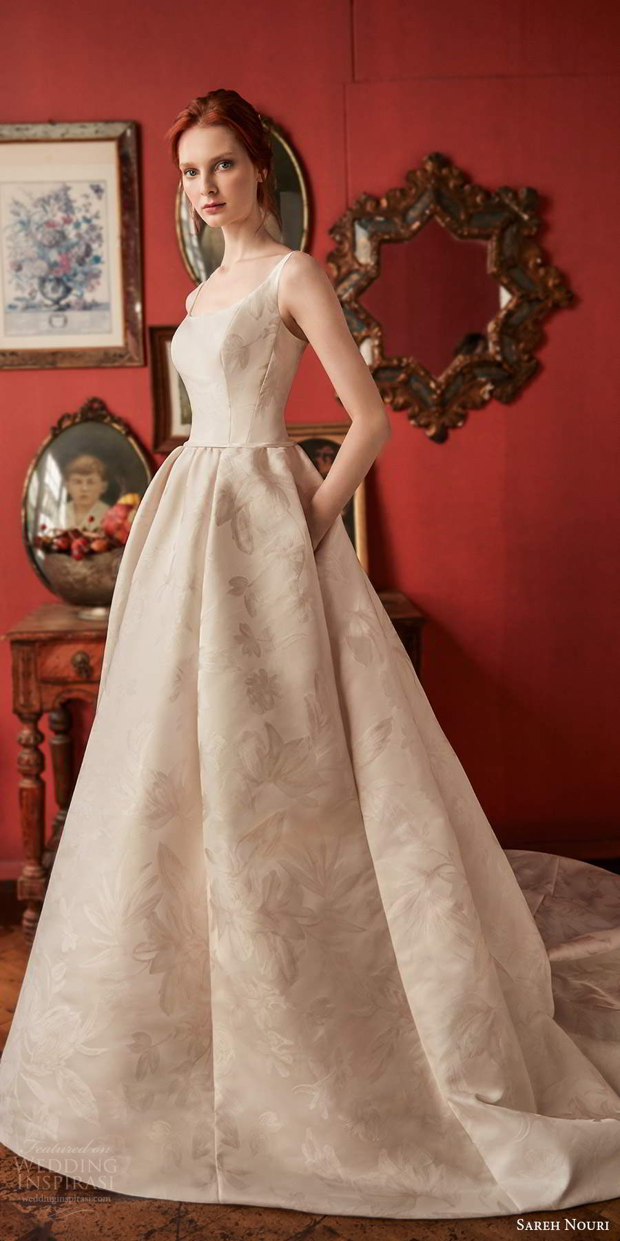 sareh nouri fall 2020 bridal sleeveless straps scoop neckline minimally embellished print a line ball gown wedding dress cathedral train (11) mv