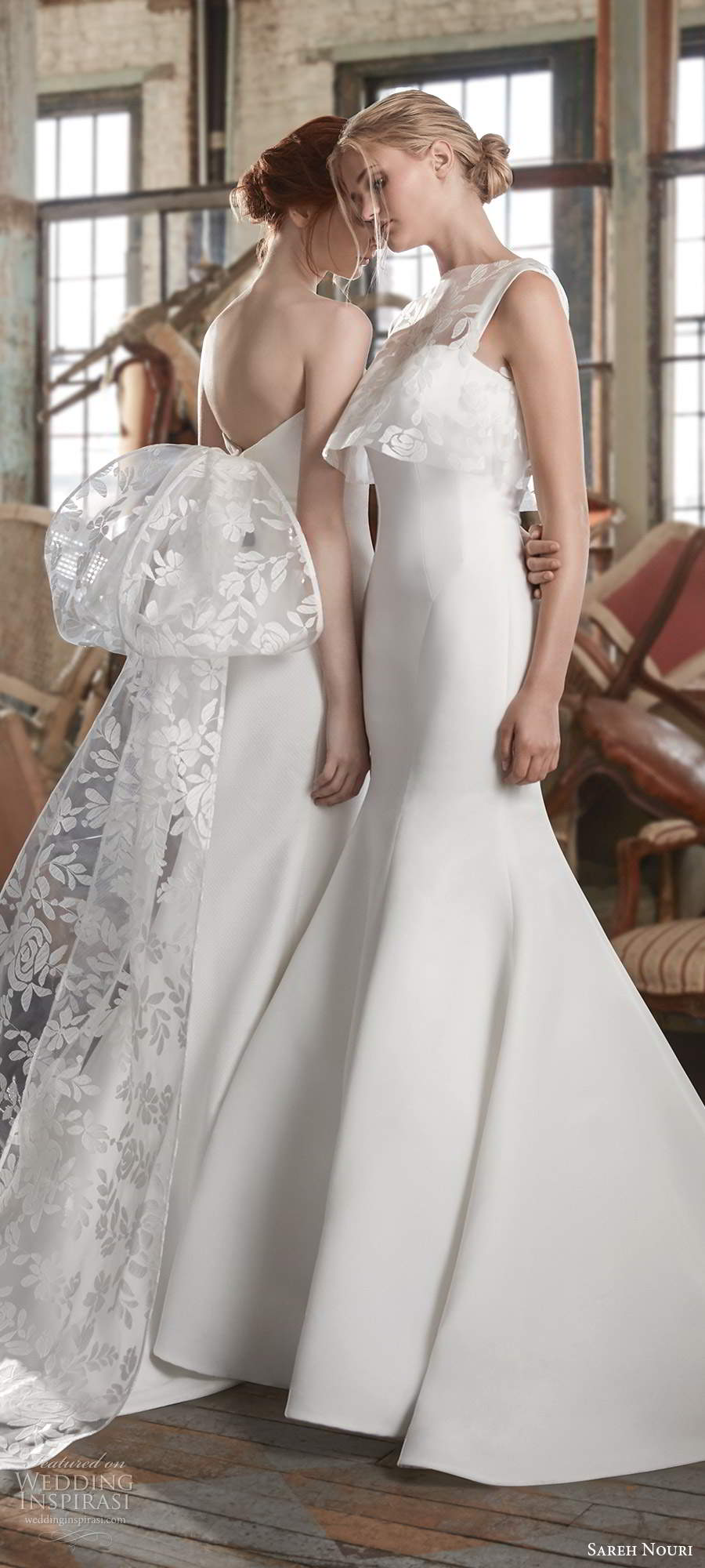 sareh nouri fall 2020 bridal sleeveless thick straps semi sweetheart neckline minimally embellished clean fit flare mermaid wedding dress capelet chapel train(2) sv sareh nouri fall 2020 bridal sleeveless thick straps semi sweetheart neckline minimally embellished clean fit flare mermaid wedding dress capelet chapel train(2) sv
