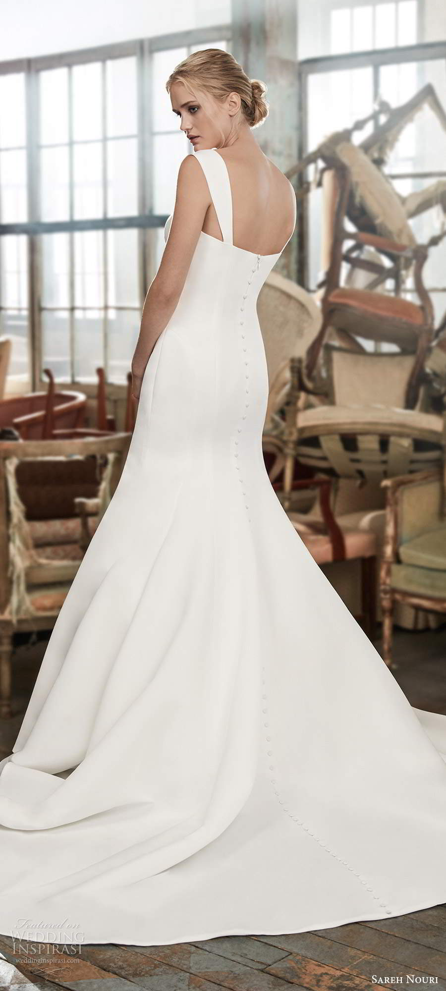 sareh nouri fall 2020 bridal sleeveless thick straps semi sweetheart neckline minimally embellished clean fit flare mermaid wedding dress chapel train (2) bv