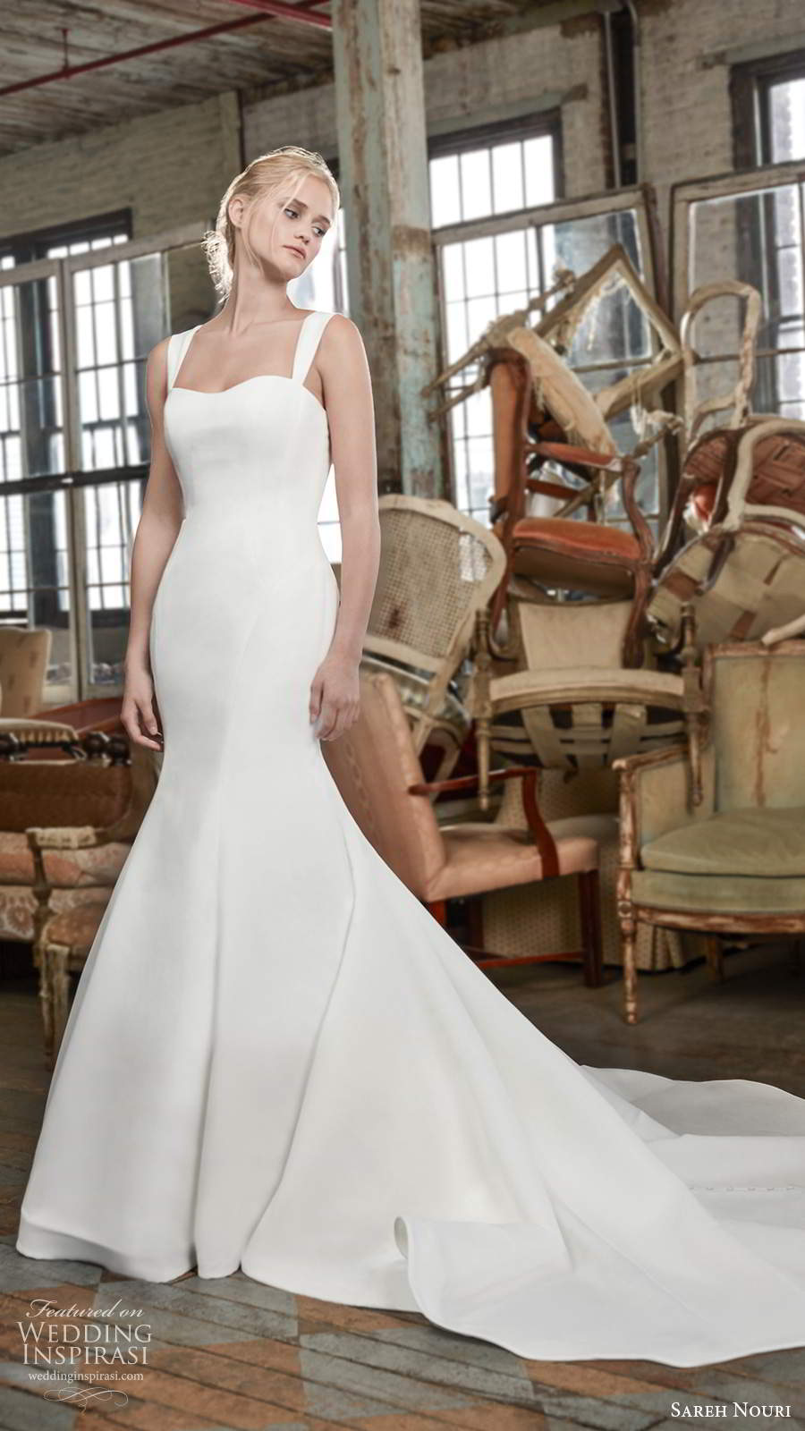 sareh nouri fall 2020 bridal sleeveless thick straps semi sweetheart neckline minimally embellished clean fit flare mermaid wedding dress chapel train (2) mv