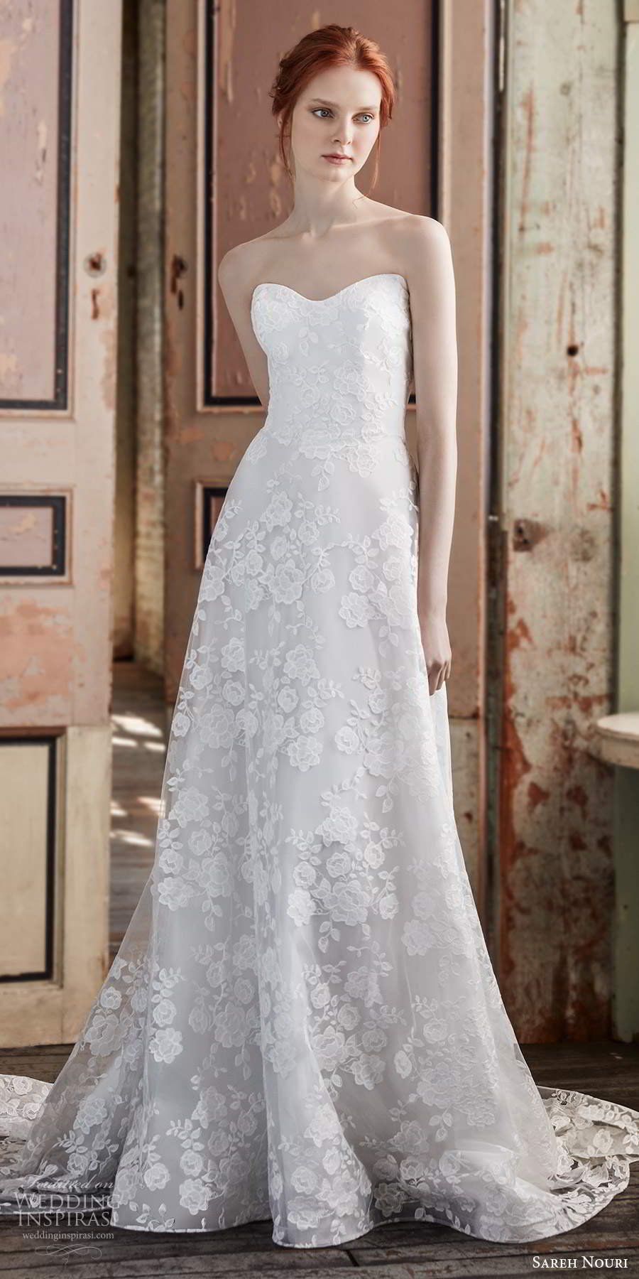 sareh nouri fall 2020 bridal strapless semi sweetheart fully embellished lace a line ball gown wedding dress chapel train (6) mv