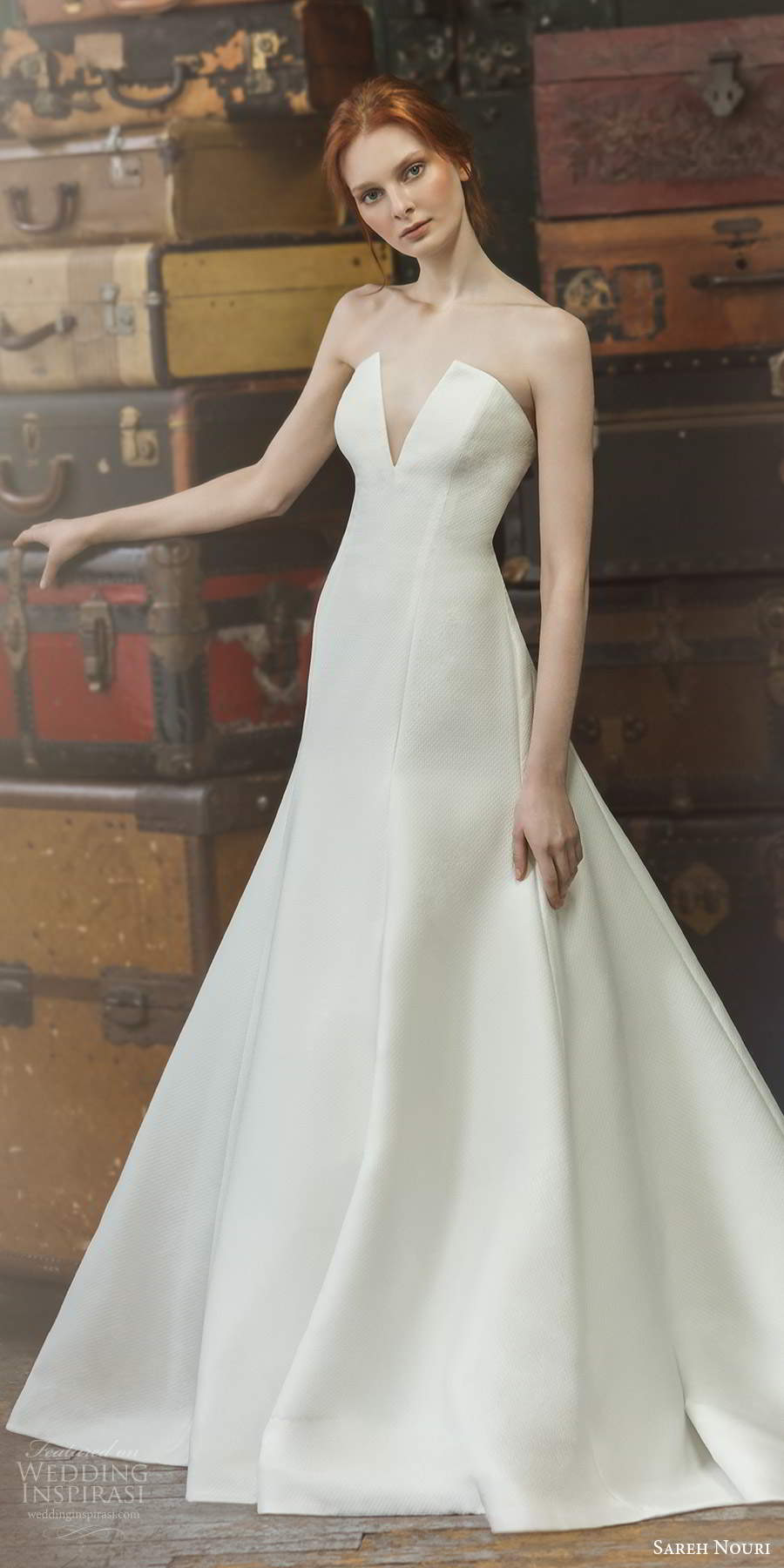 sareh nouri fall 2020 bridal strapless split v neckline minimally embellished clean modern a line ball gown wedding dress chapel train (13) mv