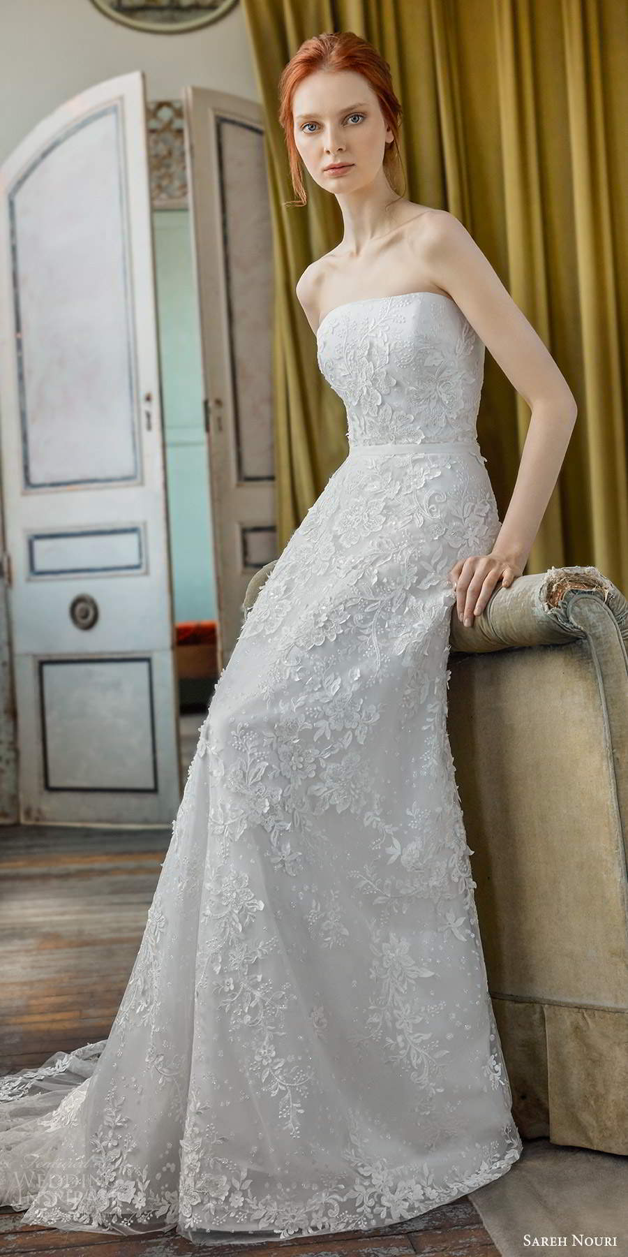 sareh nouri fall 2020 bridal strapless straightacross neckline fully embellished lace a line wedding dress chapel train (10) mv sareh nouri fall 2020 bridal strapless straightacross neckline fully embellished lace a line wedding dress chapel train (10) mv