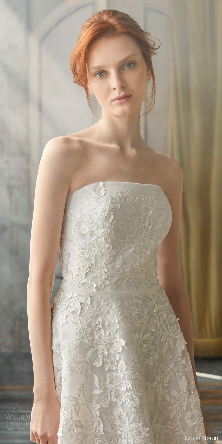 sareh nouri fall 2020 bridal strapless straightacross neckline fully embellished lace a line wedding dress chapel train (10) zv