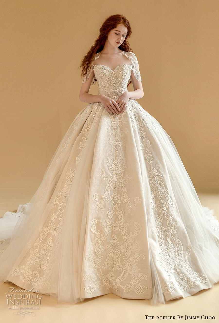 the atelier by jimmy choo 2020 bridal half sleeves illusion jewel sweetheart neckline full embellishment princess ball gown a  line wedding dress royal train (3) mv