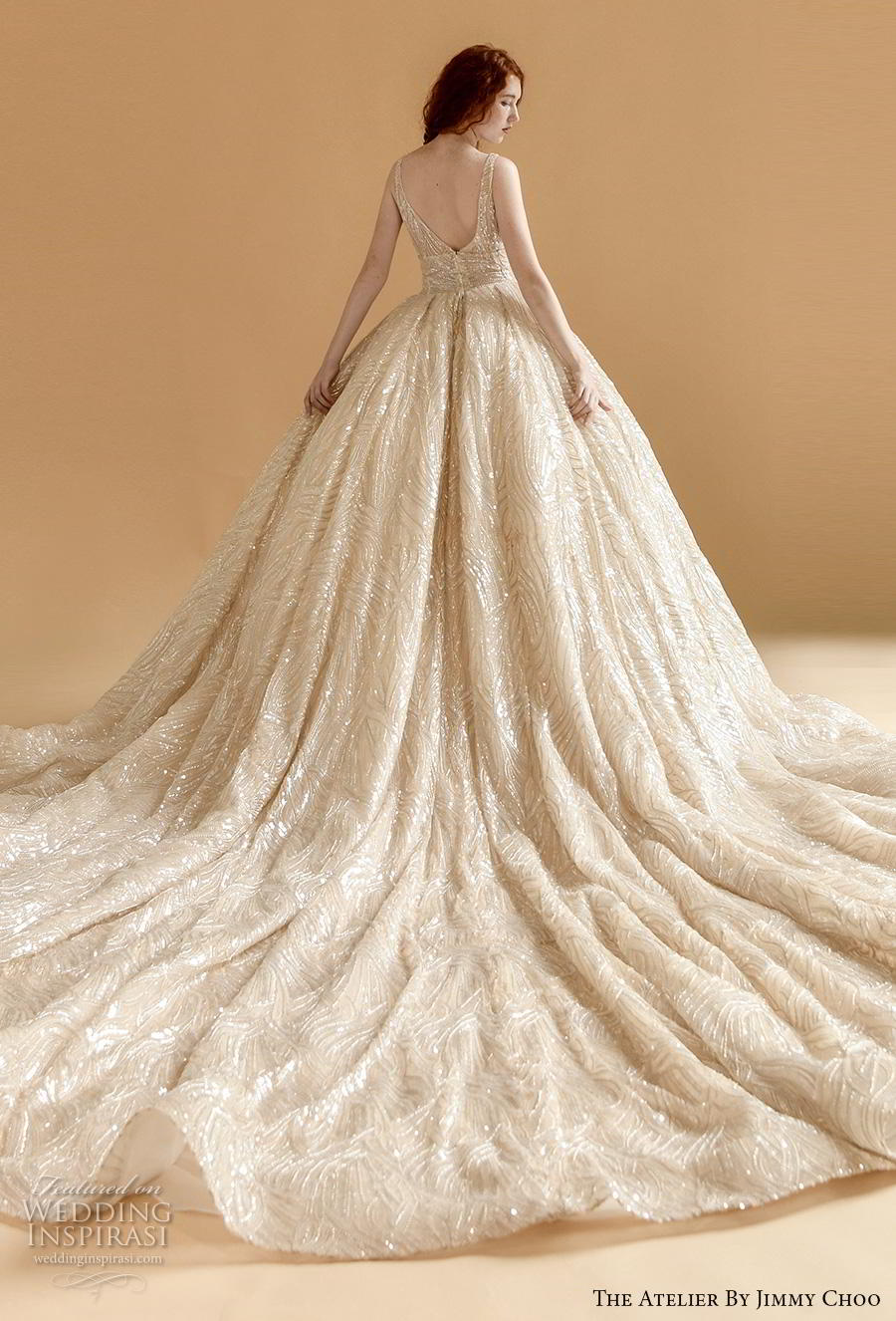 the atelier by jimmy choo 2020 bridal sleeveless with strap deep v neck full embellishment glitter glamorous gold ball gown a  line wedding dress v back royal train (2) bv