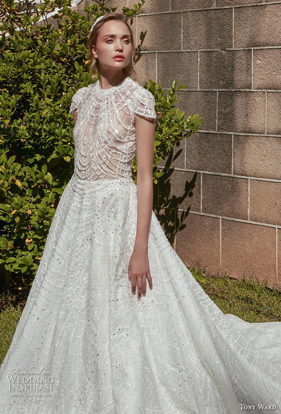 tony ward fall 2020 bridal cap sleeves jewel neck full embellishment glamorous a  line wedding dress keyhole back long train (14) zv